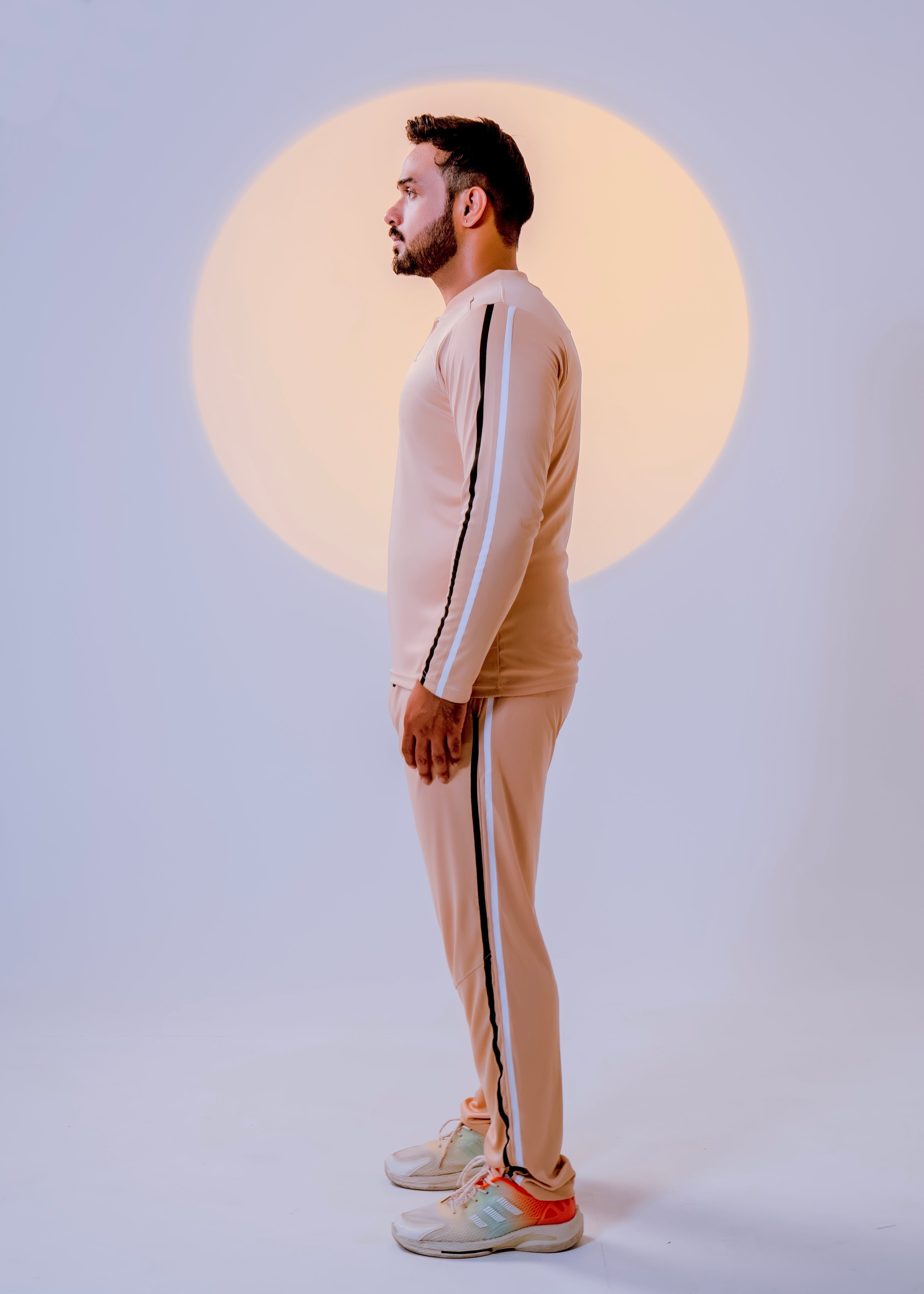Men's Sand Beige Henley Tracksuit | Racing Stripe Style