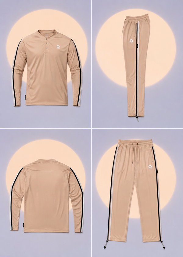 Men's Sand Beige Henley Tracksuit | Racing Stripe Style